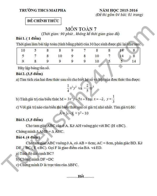 De thi hoc ki 2 lop 7 mon Toan – THCS Mai Kha 2016