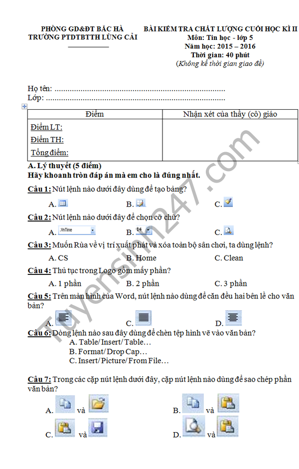 De thi hoc ki 2 lop 5 mon Tin 2016 – Lung Cai