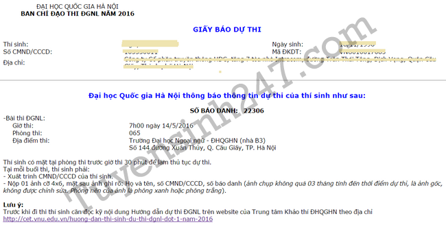 Huong dan kiem tra Giay bao du thi Dai hoc Quoc gia Ha Noi 2016