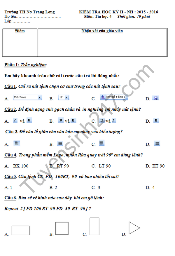 De thi hoc ki 2 lop 4 mon Tin hoc - TH No Trang Long 2016