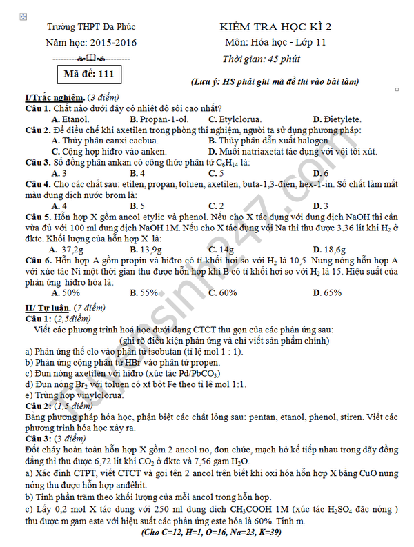 De thi hoc ki 2 lop 11 mon Hoa hoc - THPT Da Phuc 2016