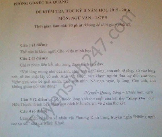 De thi hoc ki 2 lop 9 mon Van – Ha Quang nam 2016