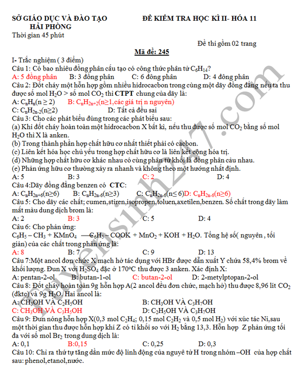 De thi hoc ki 2 lop 11 mon Hoa hoc - So GD&DT Hai Phong 2016