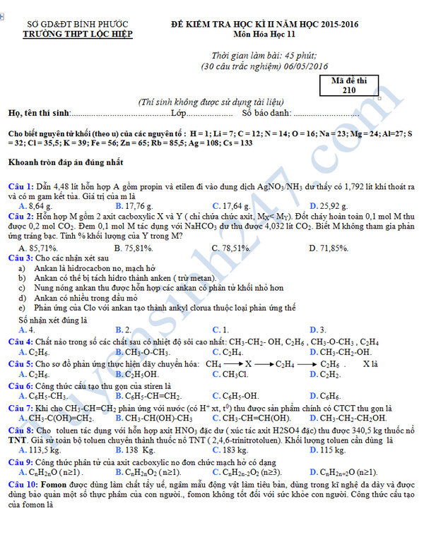 De thi hoc ki 2 lop 11 mon Hoa hoc - THPT Loc Hiep 2016