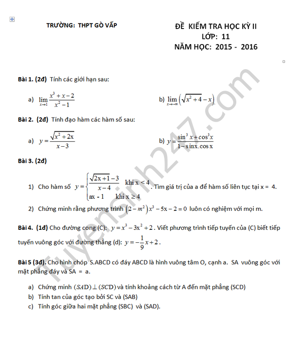 De thi hoc ki 2 lop 11 mon Toan - THPT Go Vap 2016