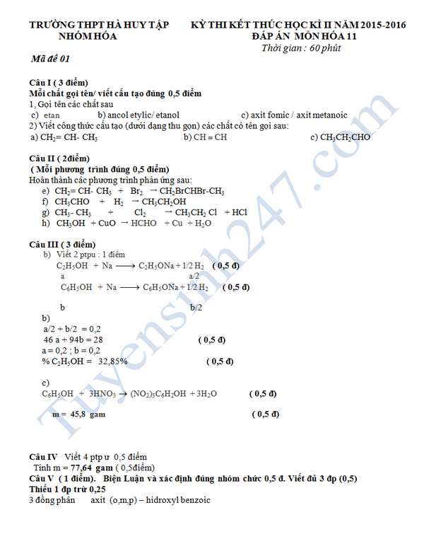 De thi hoc ki 2 lop 11 mon Hoa hoc - THPT Ha Huy Tap 2016