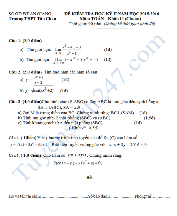 De thi hoc ki 2 lop 11 mon Toan - THPT Tan Chau 2016