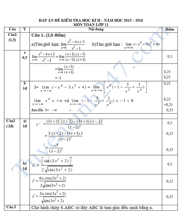 De thi hoc ki 2 lop 11 mon Toan - THPT Tan Chau 2016