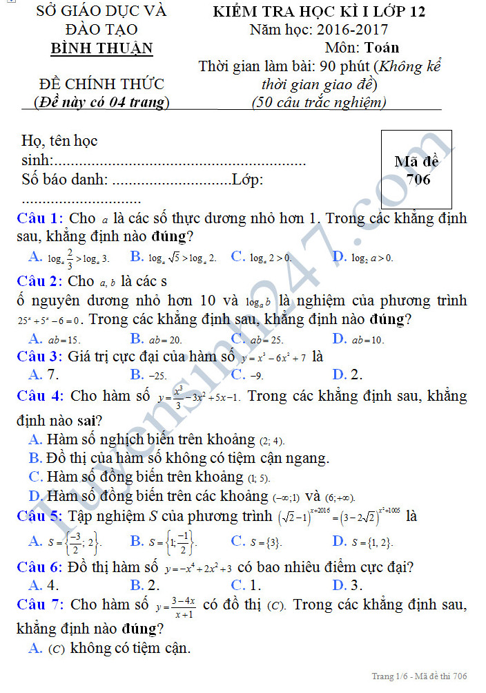 De thi hoc ki 1 mon Toan 12 - So GD&DT Binh Thuan nam 2016-2017