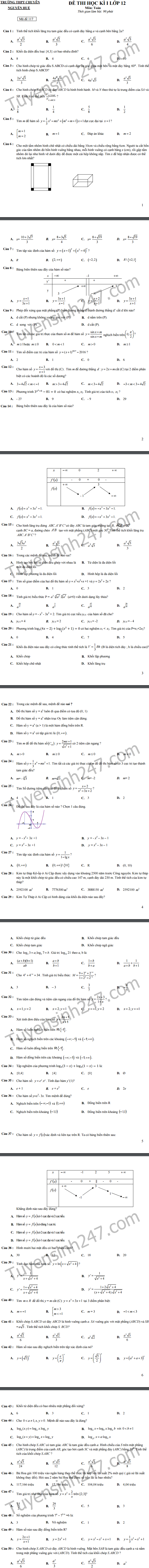 De thi hoc ki 1 lop 12 mon Toan - THPT Chuyen Nguyen Hue - Ha Noi 2016-2017