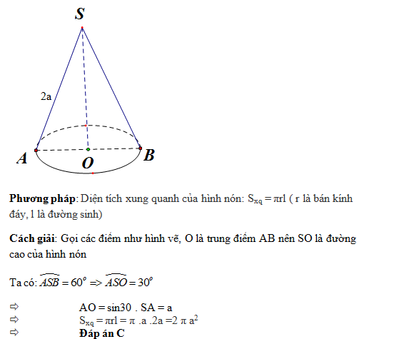 Một Hình Nón Có Góc Ở Đỉnh Bằng 60, Đường Sinh Bằng 2A, Diện Tích Xung  Quanh Của Hình Nón Là: