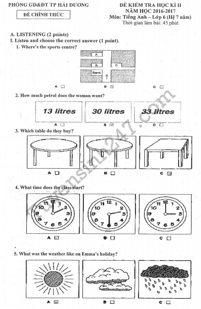 De thi hoc ki 2 lop 6 mon tieng Anh 2017 - THCS An Chau