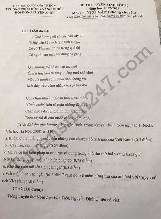 Ä'á» Thi Vao Lá»›p 10 Mon VÄƒn 2017 Phá»• Thong NÄƒng Khiáº¿u