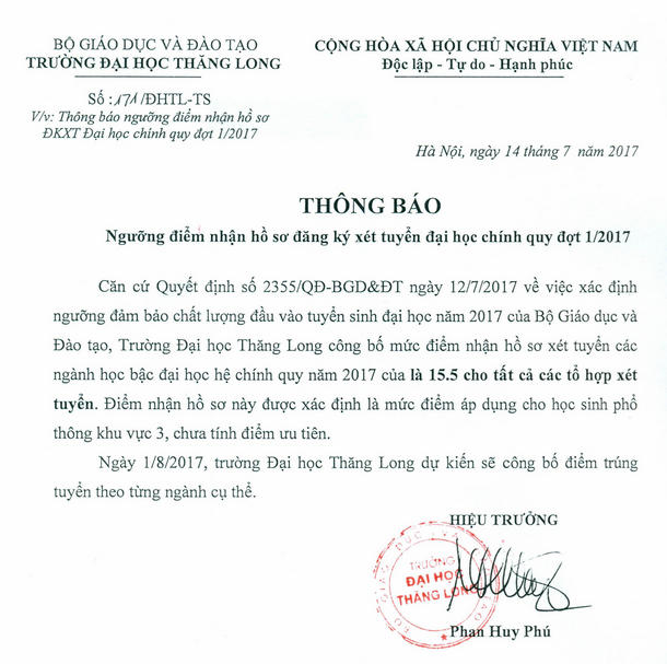 Diem xet tuyen Truong DH Thang Long nam 2017