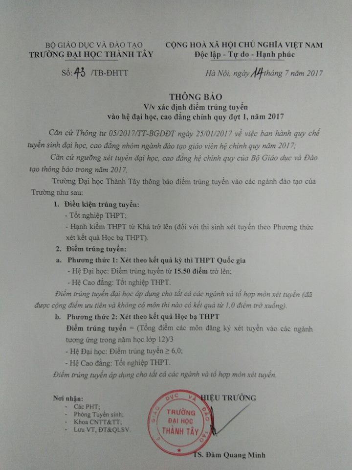 Diem xet tuyen Dai hoc Thanh Tay nam 2017