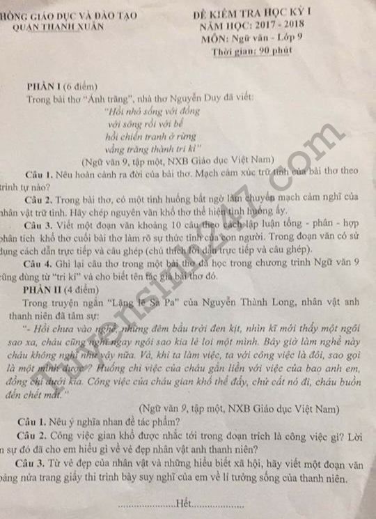 De thi hoc ki 1 lop 9 mon Van 2017 - 2018 Quan Thanh Xuan