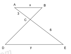Cho tam giác \(\Delta ABC\sim\Delta EDC\) như hình vẽ, tỉ số độ dài của x  và y là: