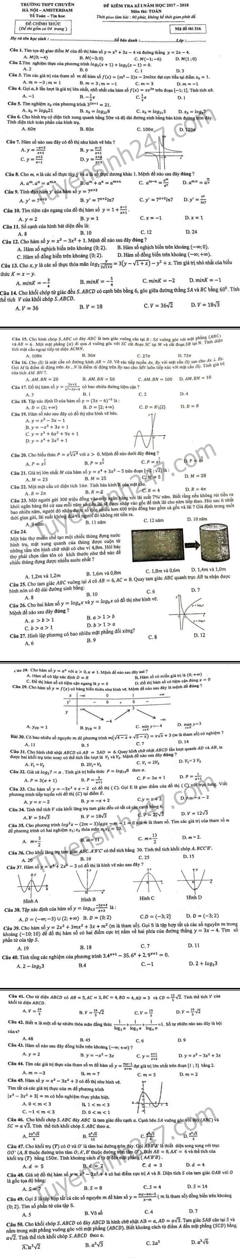 De thi ki 1 lop 12 mon Toan THPT Chuyen Amsterdam 2017 - 2018