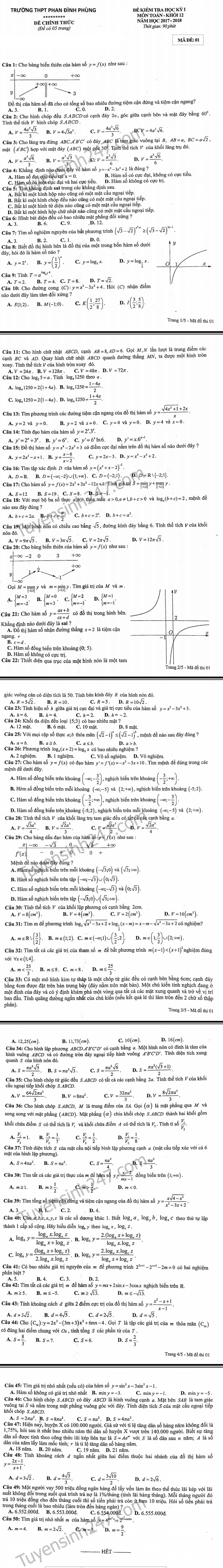 De thi ki 1 lop 12 mon Toan nam 2017 - 2018 THPT Phan Dinh Phung