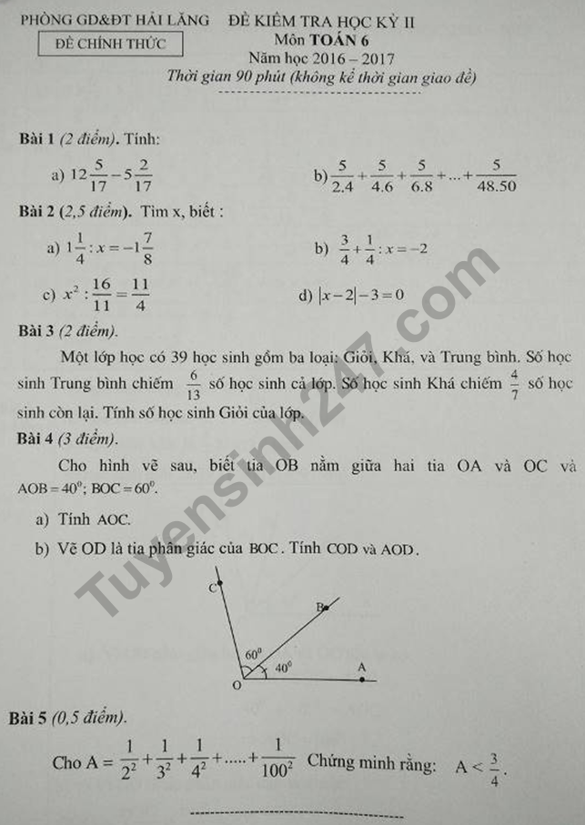 De thi ki 2 lop 6 mon Toan 2017 - Phong GD Hai Lang