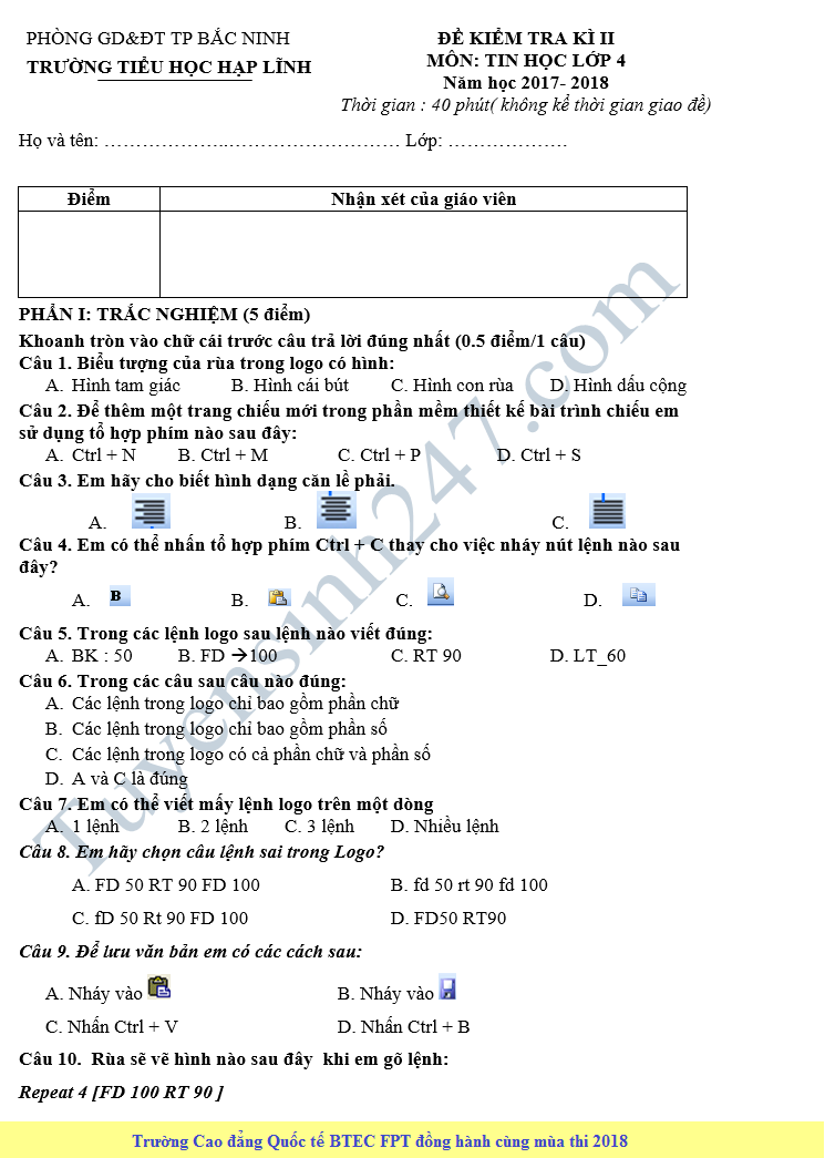 Đề kiểm tra học kì 2 lớp 4 môn Tin học - Tiểu học Hạp Lĩnh 2018