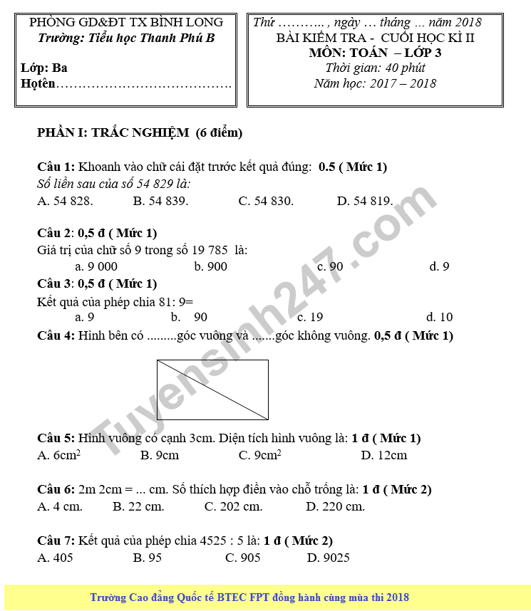 De thi hoc ki 2 lop 3 mon Toan - Tieu hoc Thanh Phu B nam 2018