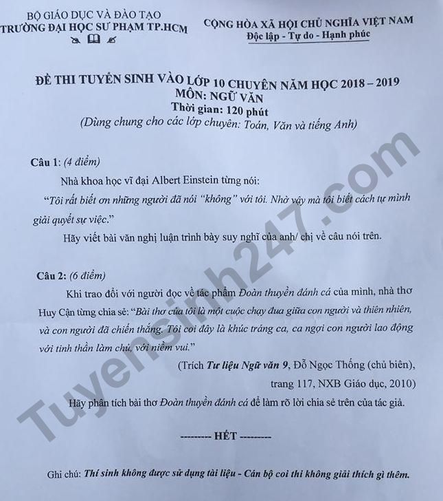 De thi tuyen sinh vao lop 10 mon Van chuyen - Dai hoc Su Pham TP.HCM 2018