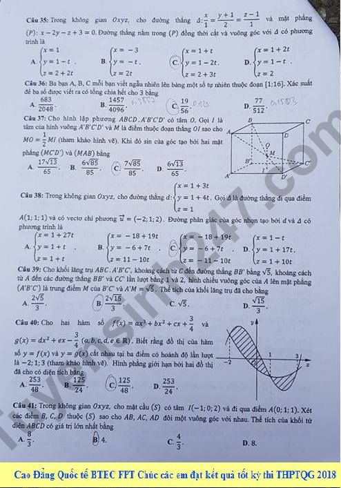 Dap an mon Toan THPT Quoc gia 2018 - Ma de 104 cua Bo GD