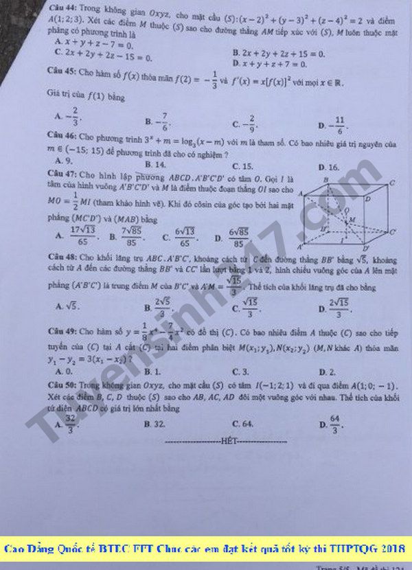 Dap an de thi THPT Quoc Gia 2018 mon Toan - ma de 124 cua Bo GD