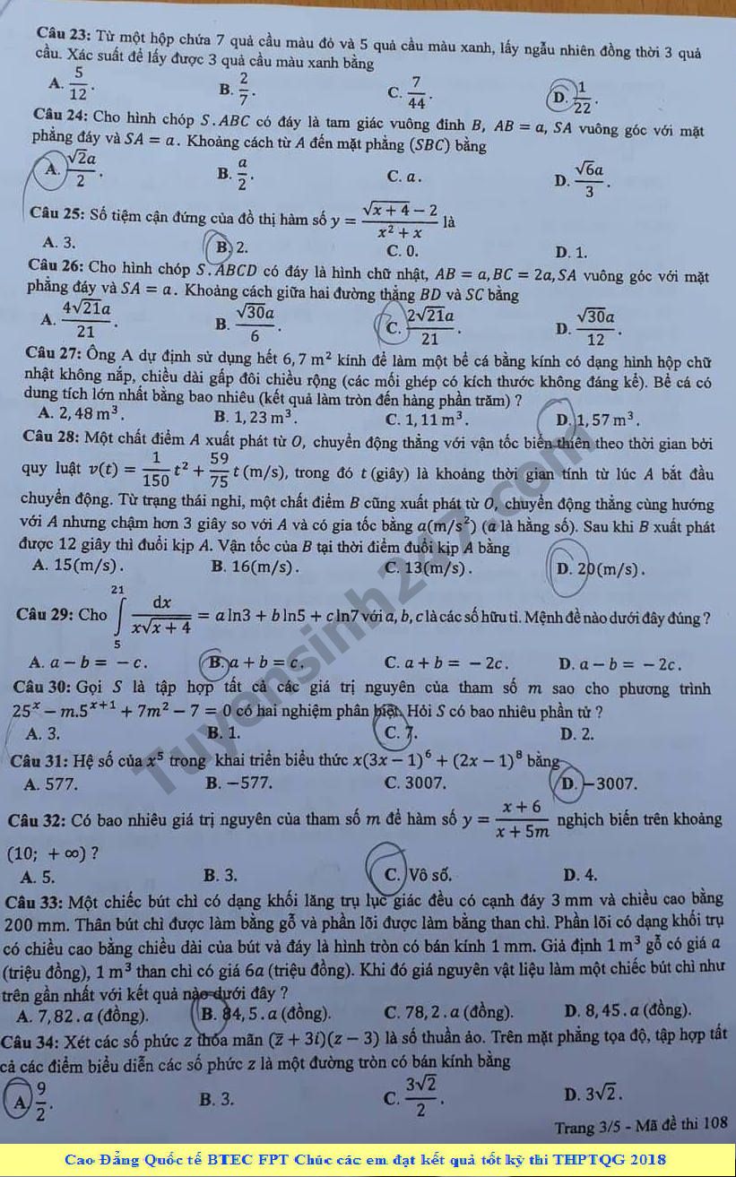 Dap an de thi THPT Quoc Gia 2018 mon Toan - ma de 108 cua Bo GD