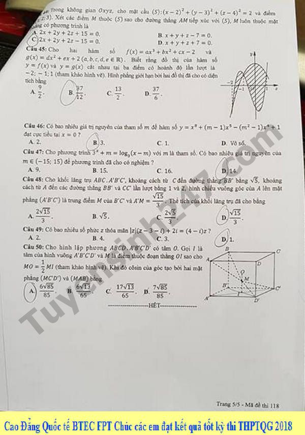 Dap an de thi THPT Quoc Gia 2018 mon Toan ma de 118 cua Bo GD