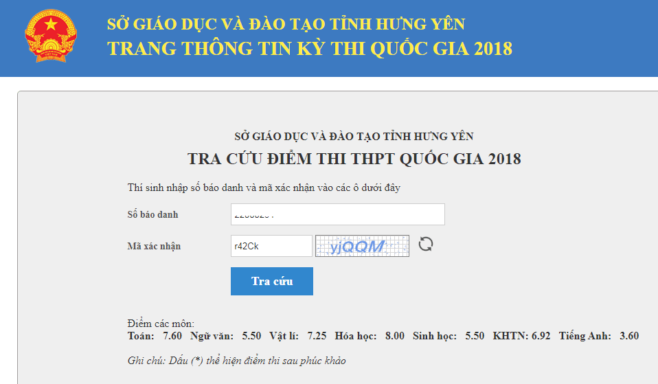 Tra cuu diem thi THPT Quoc Gia tinh Hung Yen nam 2018