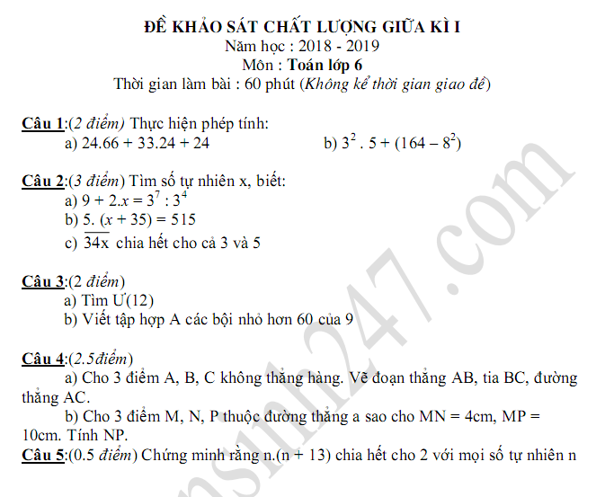 De thi giua ki 1 lop 6 mon Toan 2018 - THCS Nguyen Hoang