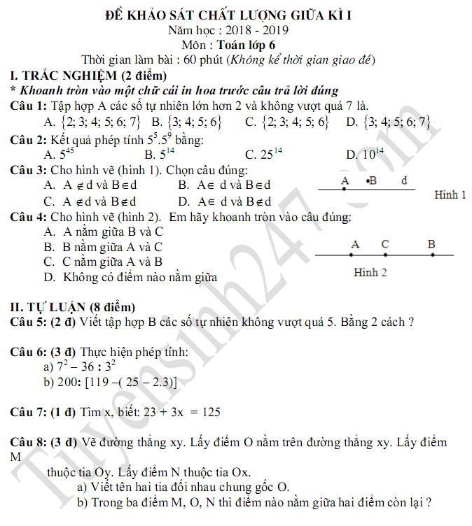 De thi giua ki 1 mon Toan lop 6 - THCS Nguyen Hue 2018