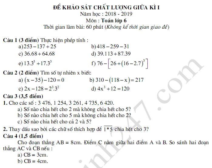 De thi giua ki 1 lop 6 mon Toan 2018 - THCS Nguyen Trai