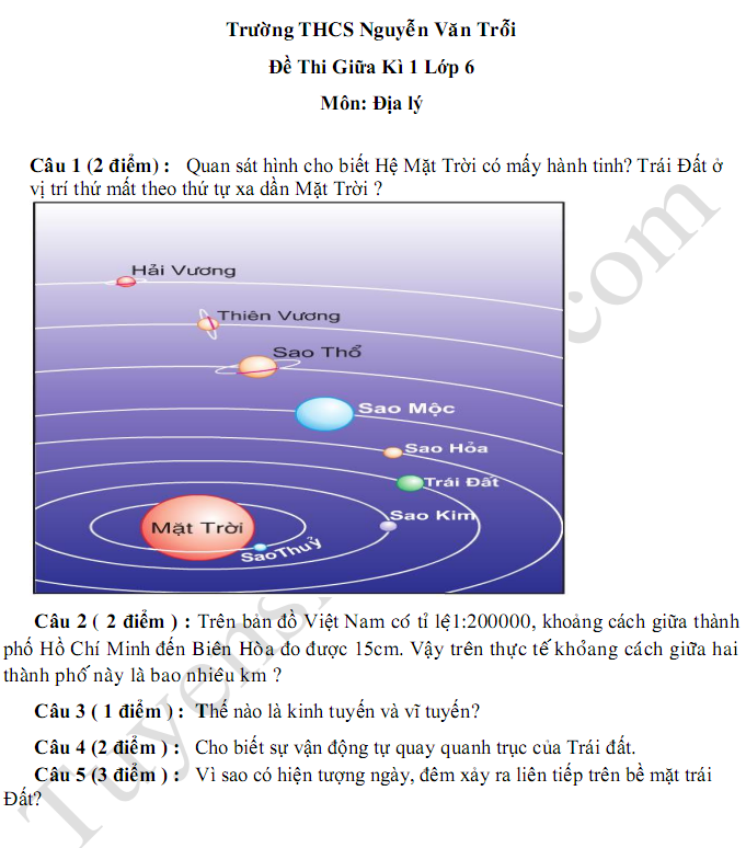 De thi giua ki 1 lop 6 mon Dia 2018 - THCS Nguyen Van Troi