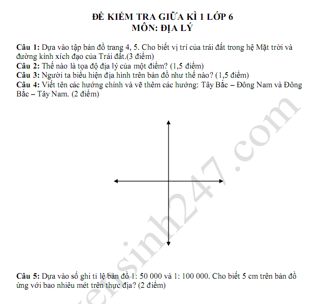 De thi giua ki 1 mon Dia lop 6 nam 2018 - THCS Nguyen Hoang