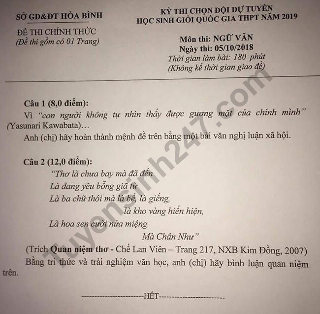 De thi chon hoc sinh gioi QG THPT 2019 mon Van Hoa Binh
