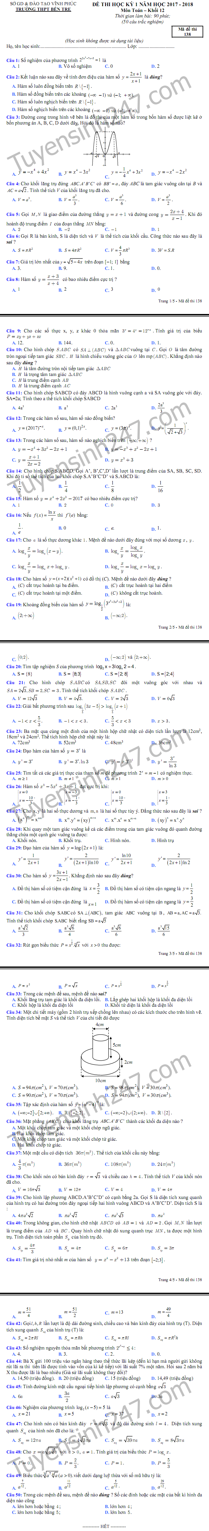 De thi hoc ki 1 lop 12 mon Toan THPT Ben Tre 2018