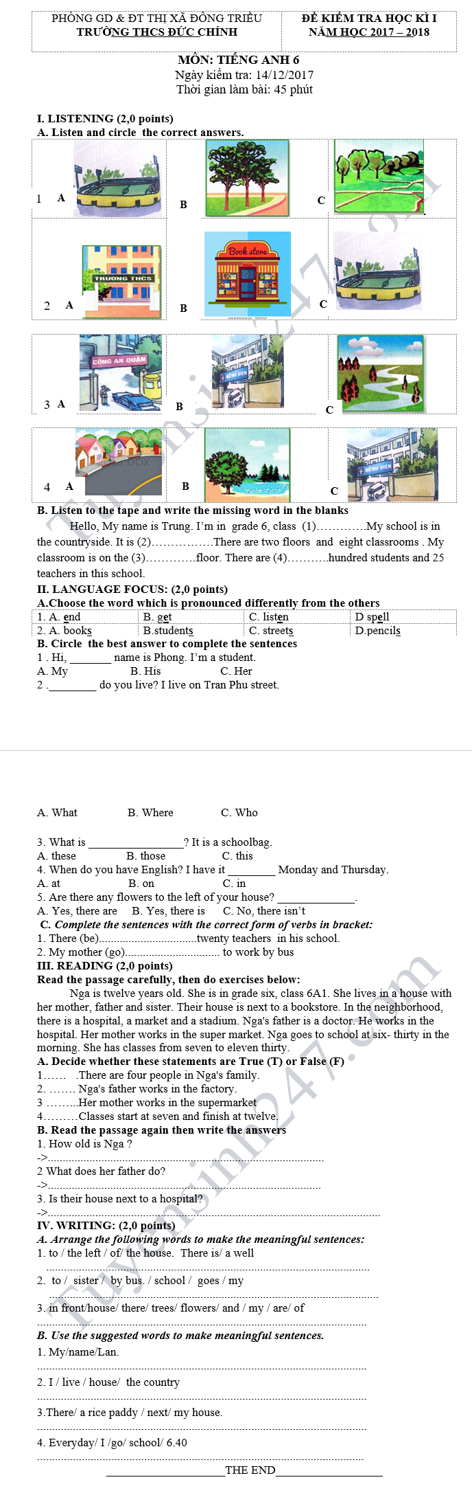 De thi hoc ky 1 lop 6 mon Tieng Anh - THCS Duc Chinh 2018