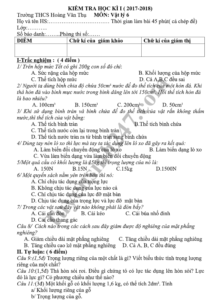 De thi hoc ky 1 lop 6 Vat ly - THCS Hoang Van Thu nam 2018