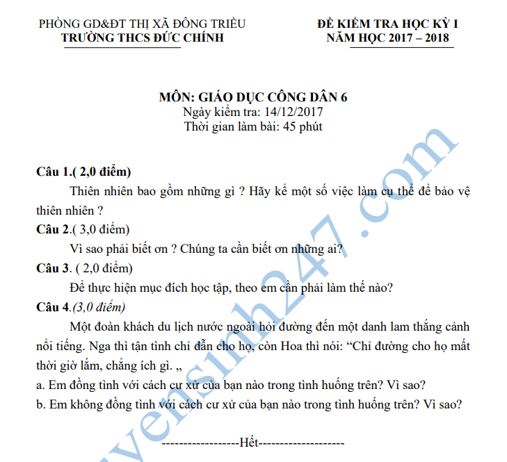 De kiem tra hoc ky 1 lop 6 mon GDCD - THCS Duc Chinh nam 2018