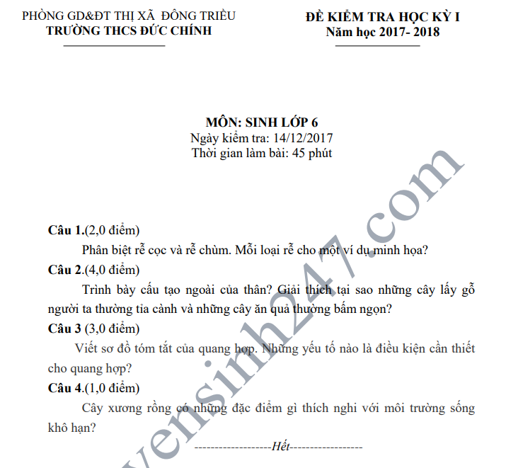 De thi hoc ky 1 lop 6 mon Sinh - THCS Duc Chinh nam 2018