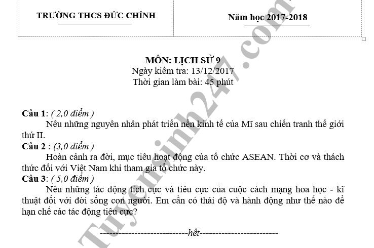 De thi hoc ky 1 lop 9 mon Su - THCS Duc Chinh nam 2018