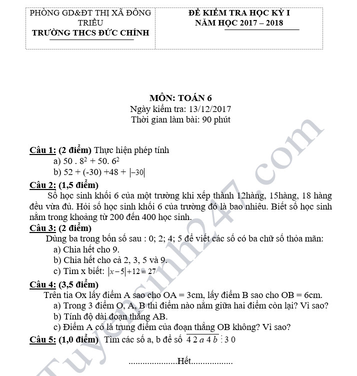 De thi hoc ky 1 lop 6 mon Toan - THCS Duc Chinh nam 2018