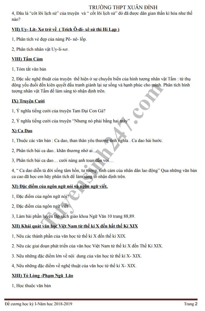 De cuong on tap ki 1 lop 10 mon Van - THCS Xuan Dinh nam 2018