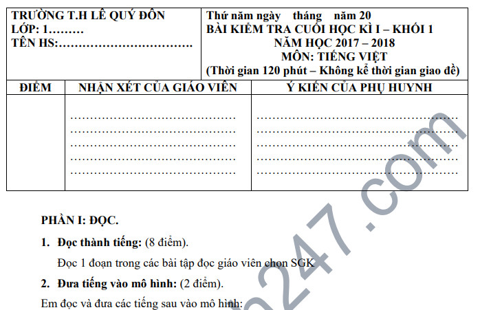 De thi hoc ky 1 lop 1 mon Tieng Viet - Tieu hoc Le Quy Don nam 2018