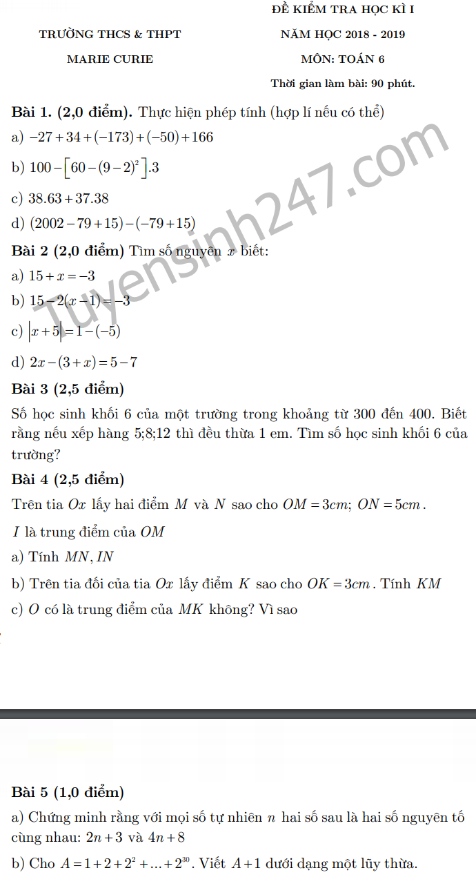 De thi ki 1 lop 6 mon Toan 2018 - Marie Curie
