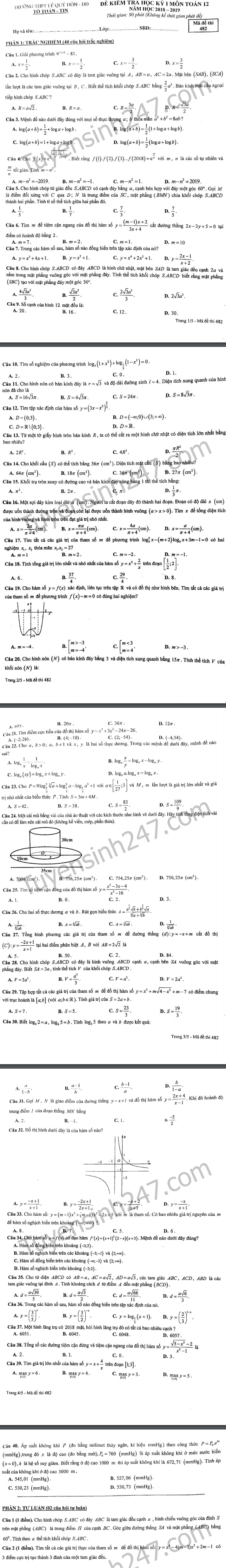 De thi ki 1 lop 12 mon Toan 2018 - THPT Le Quy Don