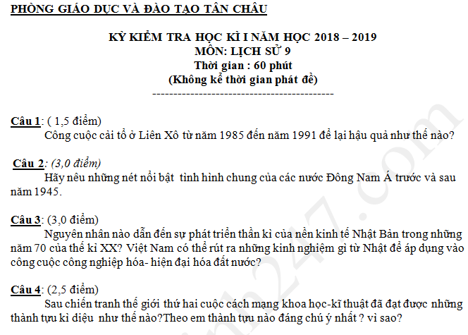 De thi ki 1 lop 9 mon Su 2018 - 2019 Tan Chau